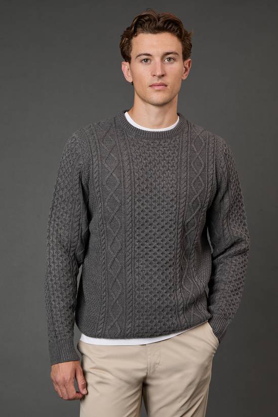 Mid Grey Chunky Cable Crew Neck Jumper