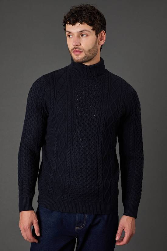 Navy Chunky Cable Roll Neck Jumper