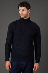 Navy Chunky Cable Roll Neck Jumper