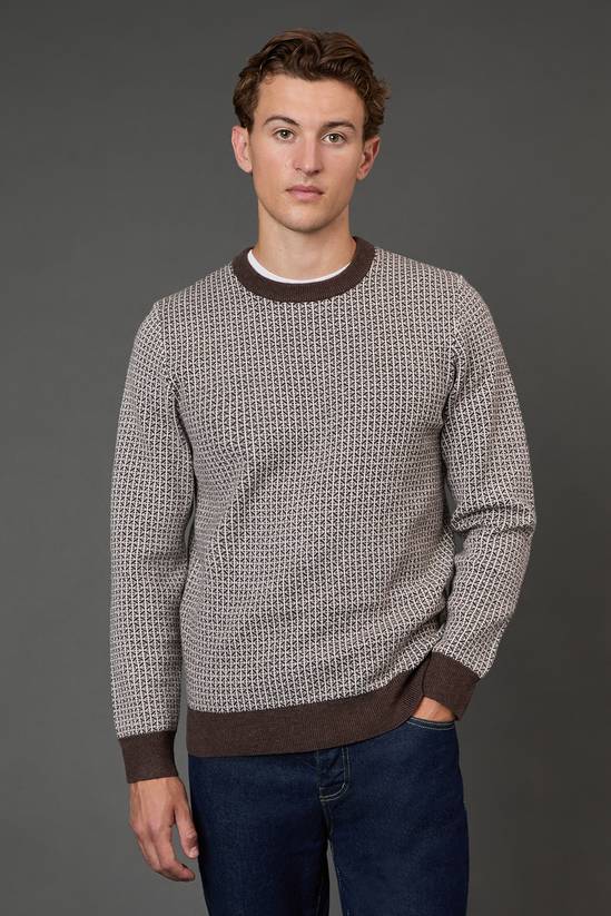 Dark Brown Super Soft Knitted Geo Crew Neck Jumper