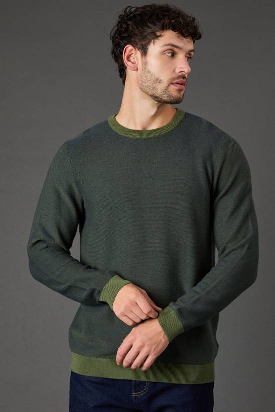 Dark Green Semi Plain Crew Neck Jumper