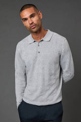 Light Grey Textured Long Sleeve Knitted Polo