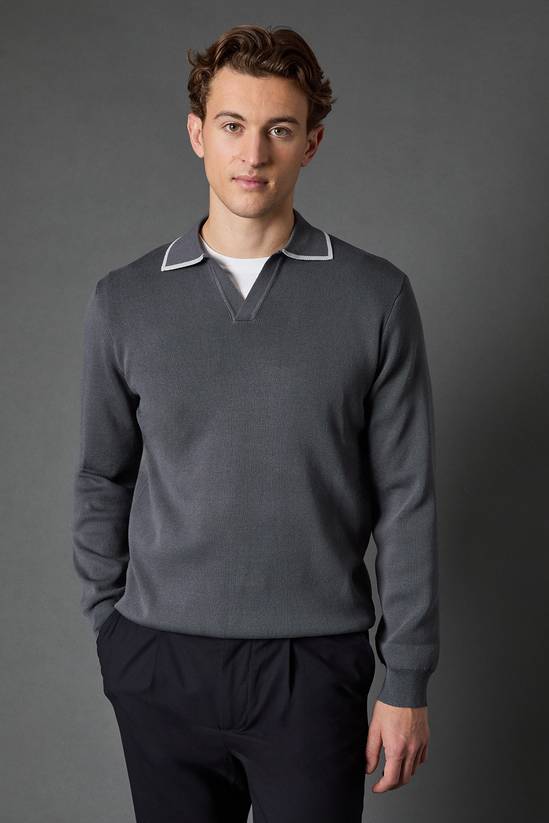 Charcoal Resort Collar Knitted Long Sleeve Polo Shirt