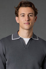 Charcoal Resort Collar Knitted Long Sleeve Polo Shirt