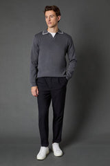 Charcoal Resort Collar Knitted Long Sleeve Polo Shirt