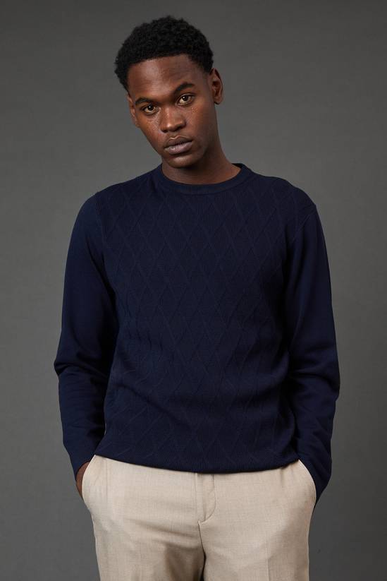 Navy Diamond Jacquard Crew Neck Jumper