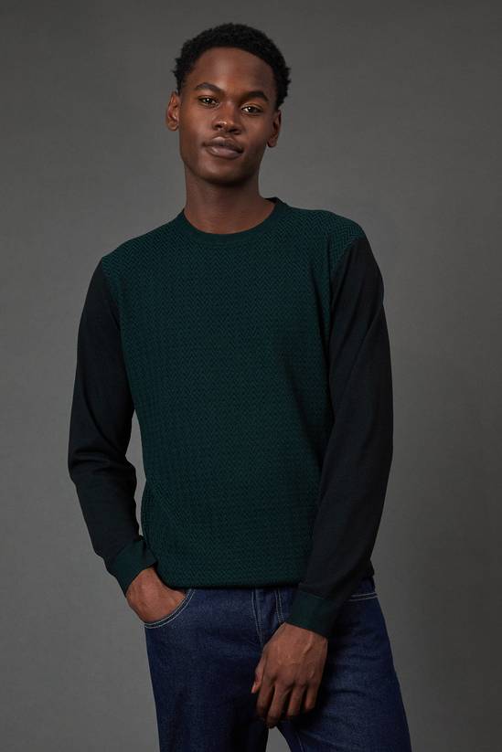 Dark Green Jacquard Crew Neck Jumper