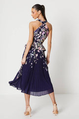 Twill Twist Halter Neckline Pleated Midi Dress