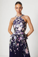 Twill Twist Halter Neckline Pleated Midi Dress