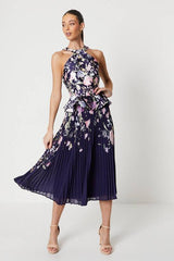 Twill Twist Halter Neckline Pleated Midi Dress