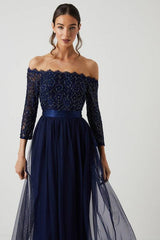 Embellished Lace Bardot Midi Bridesmaid Dress