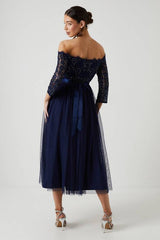 Embellished Lace Bardot Midi Bridesmaid Dress