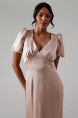 Sweetheart Neckline Puff Sleeve Satin Bridesmaid Maxi Dress