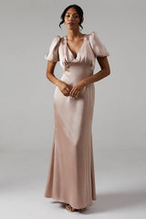 Sweetheart Neckline Puff Sleeve Satin Bridesmaid Maxi Dress