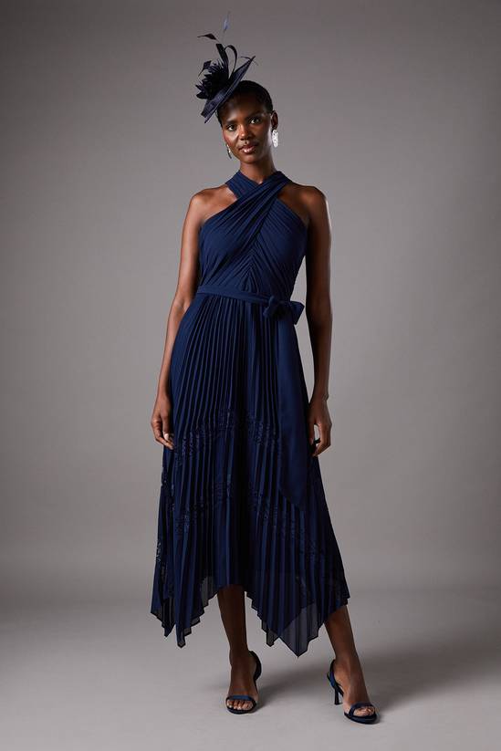 Pleated Halter Neck Lace Insert Midi Dress