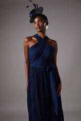 Pleated Halter Neck Lace Insert Midi Dress
