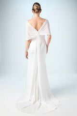 Chiffon Bardot Satin Maxi Wedding Dress with Drape Detail