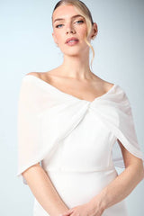 Chiffon Bardot Satin Maxi Wedding Dress with Drape Detail