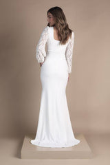 Square Neck Statement Sleeve Maxi Fishtail Wedding Dress