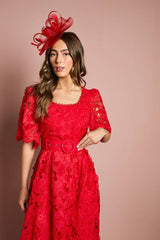 Short Sleeve Full Skirted Lace Midi Dress