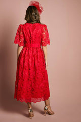 Short Sleeve Full Skirted Lace Midi Dress