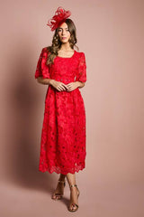 Short Sleeve Full Skirted Lace Midi Dress