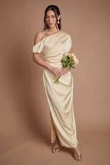 Satin Ruched Detail Off The Shoulder Maxi Bridesmaid Dress