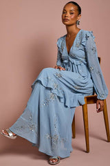 Petite V Neck Long Sleeve Embellished Flower Tiered Georgette Midi Dress