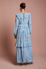 Petite V Neck Long Sleeve Embellished Flower Tiered Georgette Midi Dress