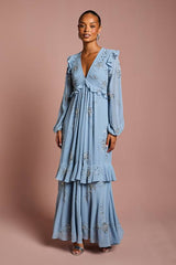 Petite V Neck Long Sleeve Embellished Flower Tiered Georgette Midi Dress