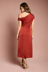 Off Shoulder Satin Side Tie Midi Dress
