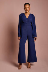 Petite V Neck Pleated Long Sleeve Jumpsuit