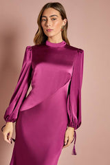 Blouson Sleeve Satin Midi Dress