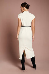 Lisa Tan V Neck Stretch Crepe Column Midi Dress