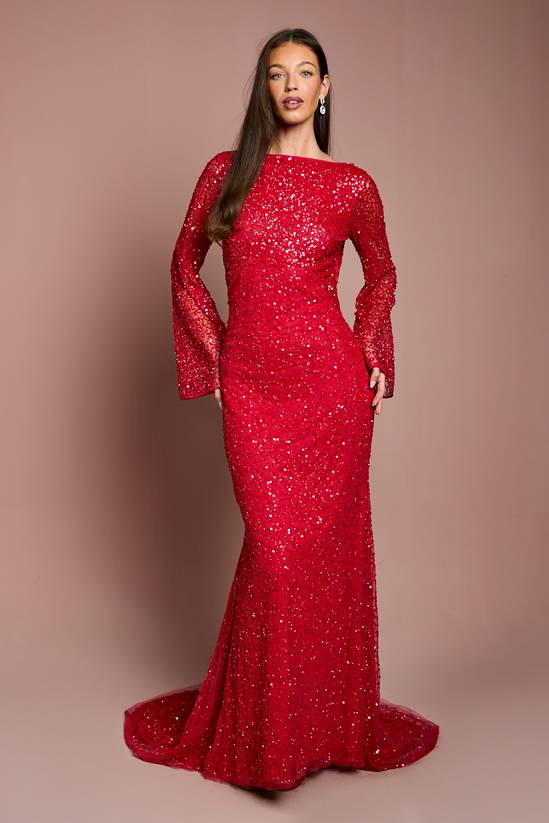 Long Sleeve Flare Sleeve Cowl Back Sequin Maxi Dress