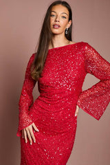Long Sleeve Flare Sleeve Cowl Back Sequin Maxi Dress