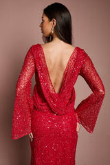 Long Sleeve Flare Sleeve Cowl Back Sequin Maxi Dress