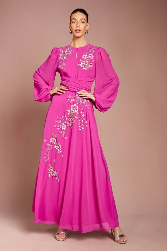 Long Sleeve Wrap Waist Embellished Floral Maxi Dress