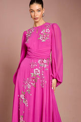 Long Sleeve Wrap Waist Embellished Floral Maxi Dress