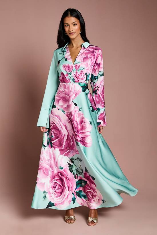 Petite Placement Print Wrap Front Gown