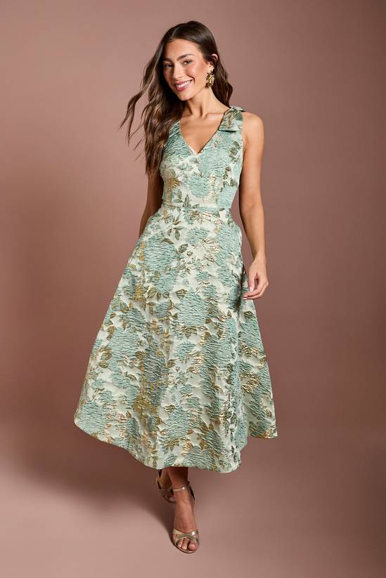 Bow Shoulders Jacquard Midi Dress