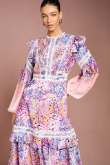 Placement Print Lace Frill Detail Maxi Dress