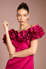 3D Corsage Structured Satin Maxi Dress