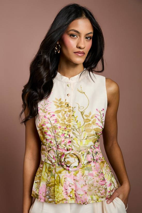 Petite Placement Print Button Through Belted Blouse