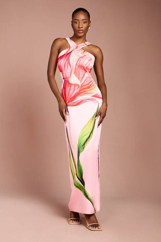 Large Scale Floral Placement Print Halter Neck Pencil Dress