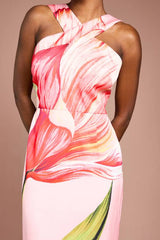 Large Scale Floral Placement Print Halter Neck Pencil Dress