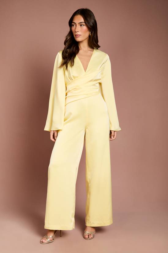Wrap Waist Satin Jumpsuit With Flare Sleeve