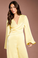 Wrap Waist Satin Jumpsuit With Flare Sleeve