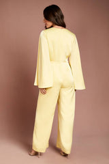 Wrap Waist Satin Jumpsuit With Flare Sleeve