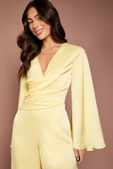 Wrap Waist Satin Jumpsuit With Flare Sleeve